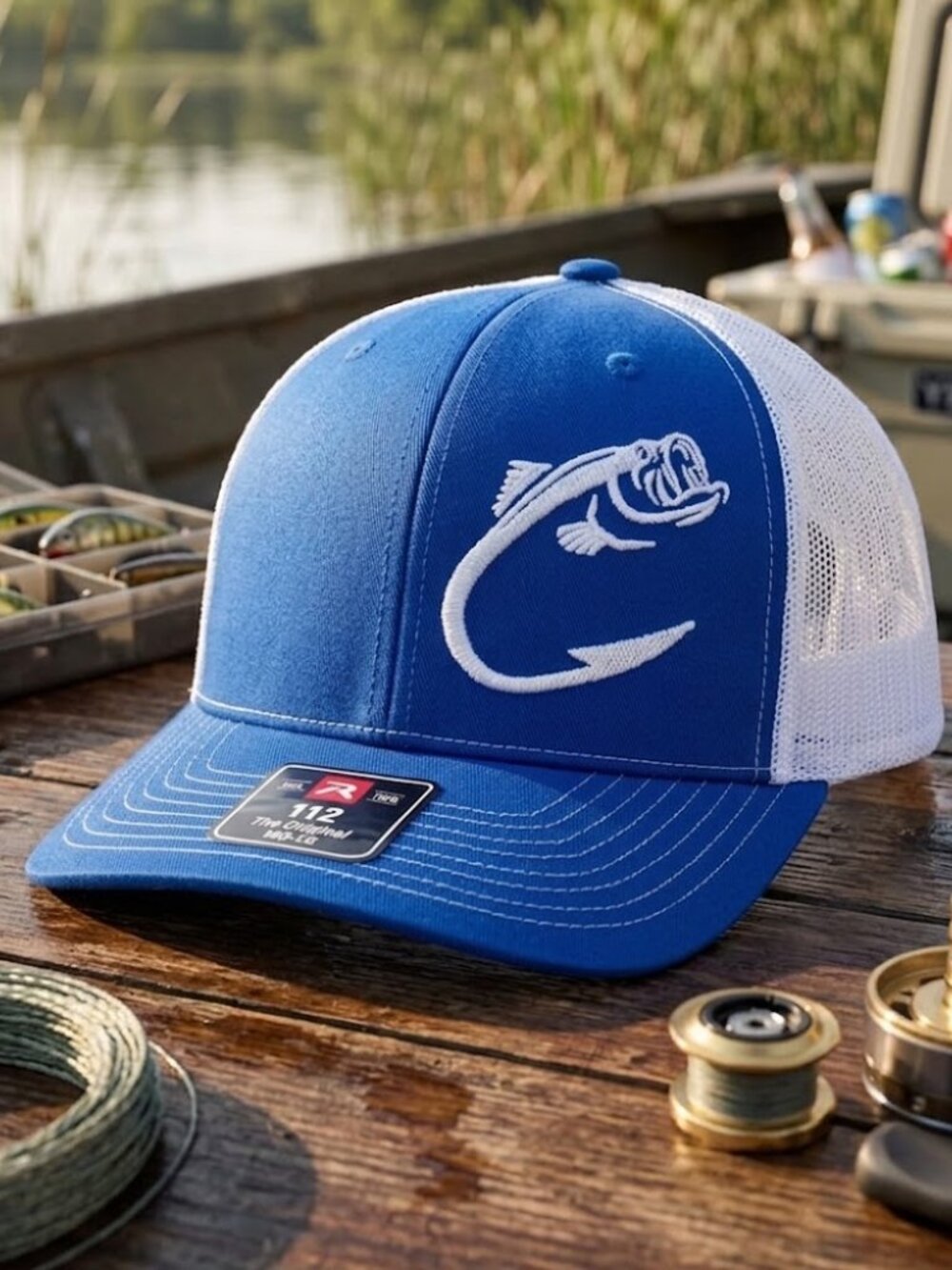 Bass Fishing Hook Royal Blue White Richardson 112 Snapback Hat Angler Baiter USA